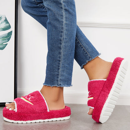 Warm Open Toe Flat Furry Slippers Cozy Slide Shoes