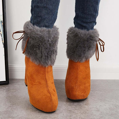 Furry Lined Ankle Snow Boots Platform Chunky High Heel Booties