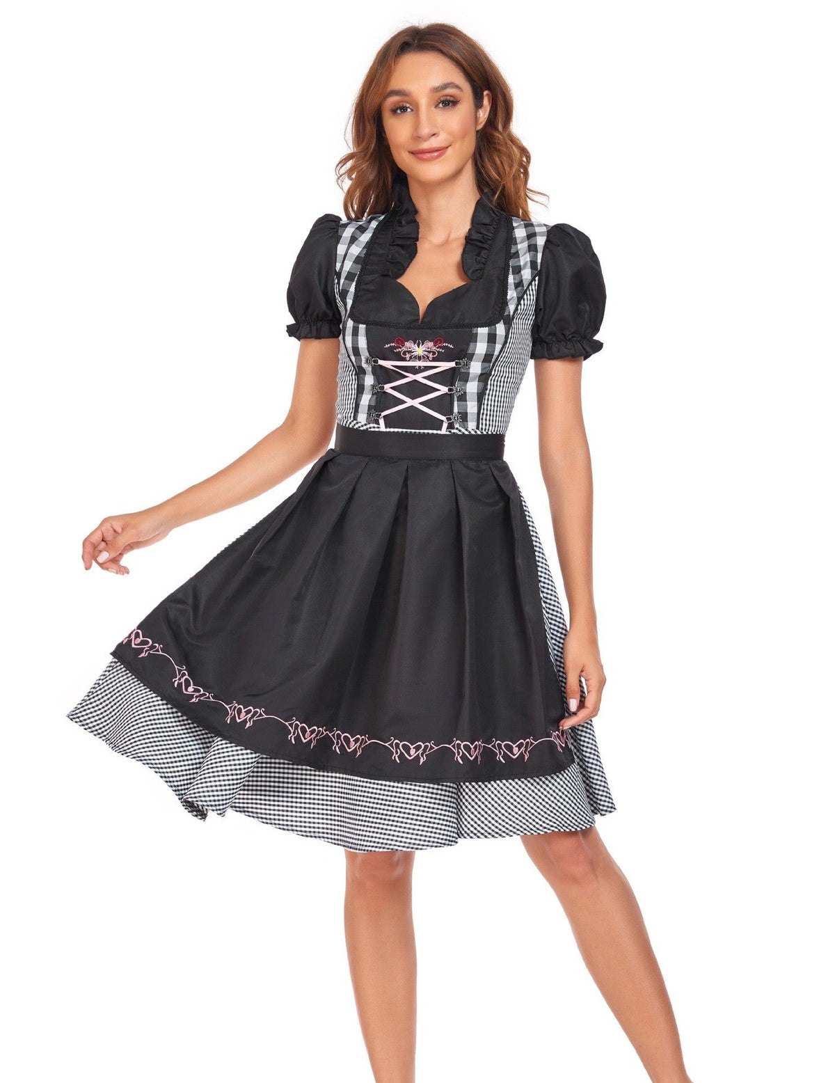 Women's Traditional Cotton Dirndl Dress with Apron and Ribbon