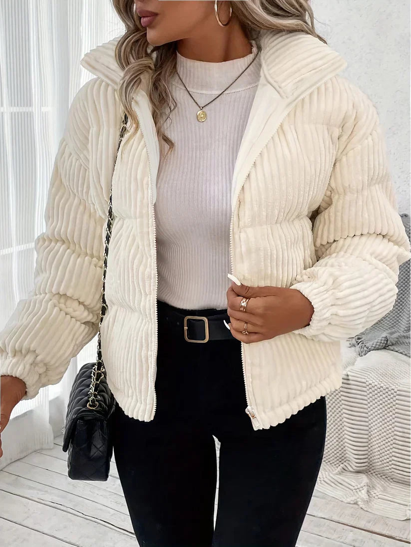 Warm Women's Short Beige Puffer Jacket - OutfitLondon