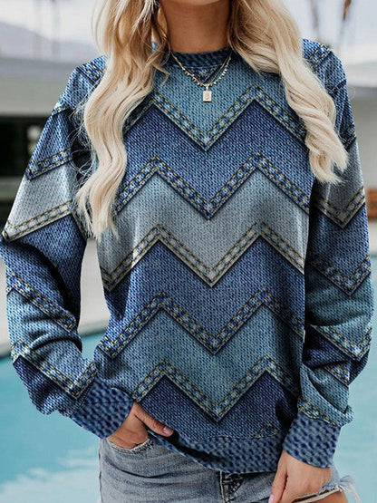 Chic Geo Pattern Crew Neck Sweater - OutfitLondon