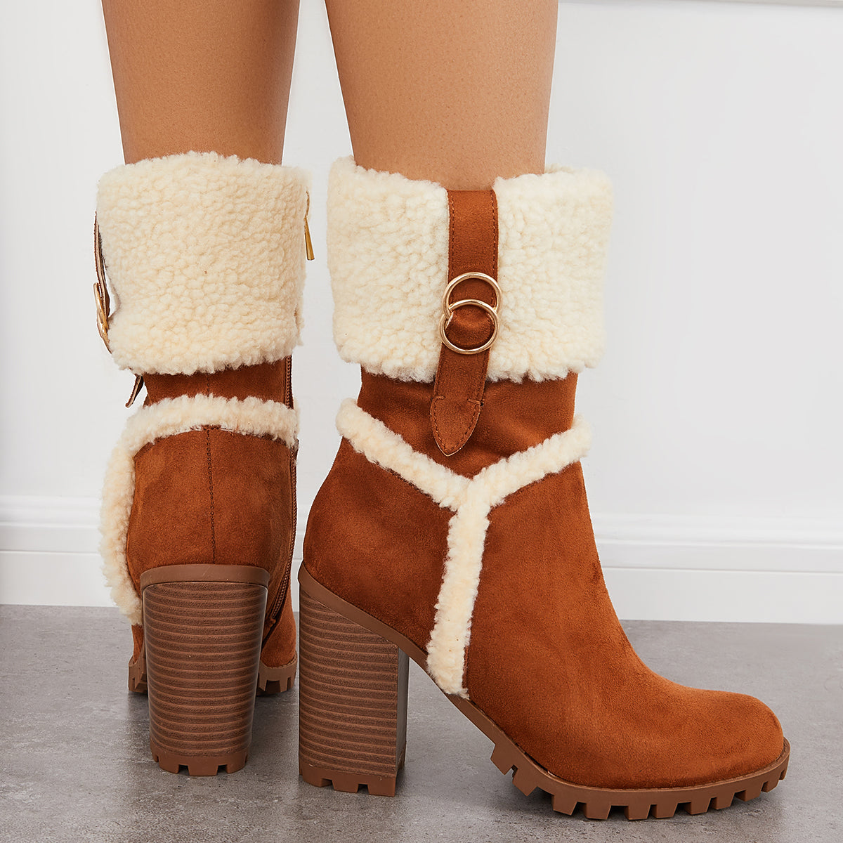 Fur Lined Ankle Snow Boots Side Zipper Chunky Heel Booties