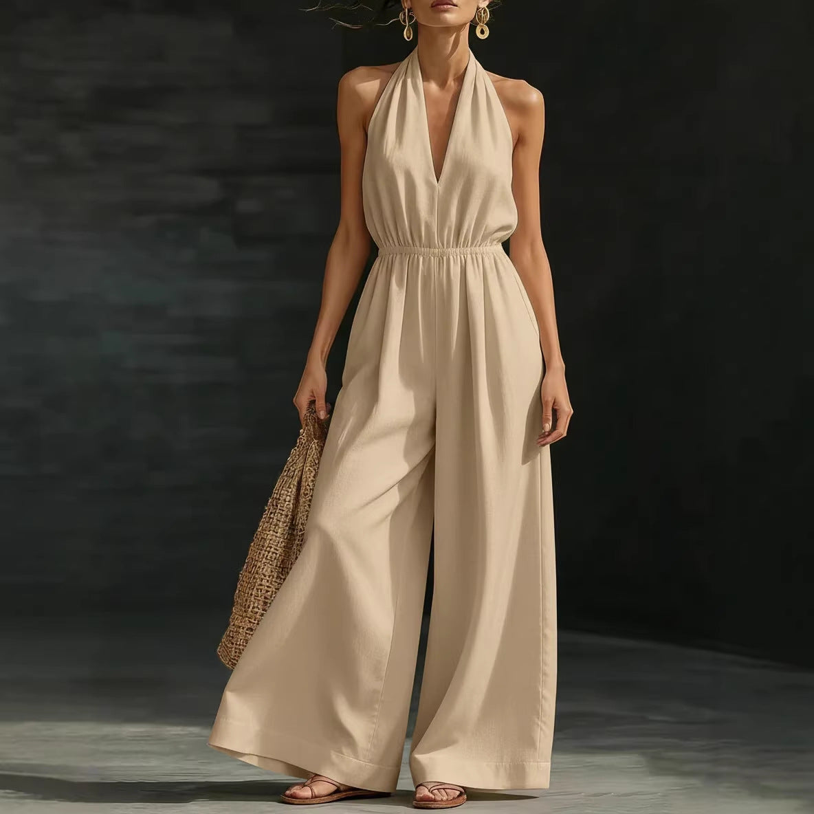 Women's Stylish V-Neck Halter Neck Wide-Leg Jumpsuit