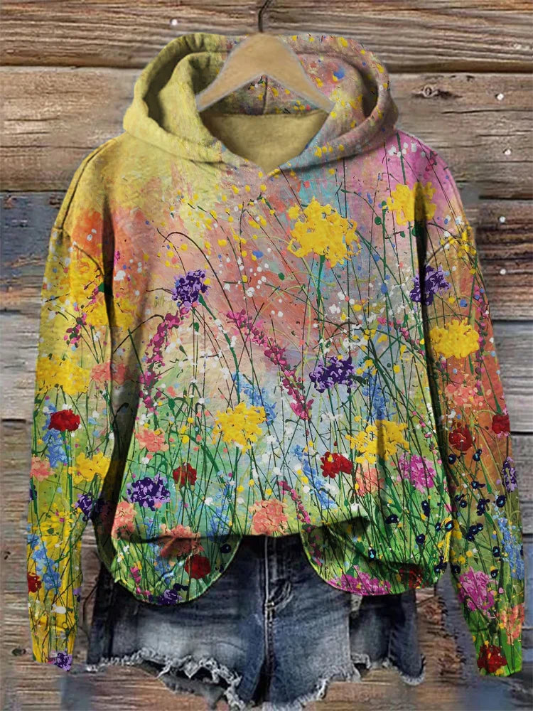 Colorful Flower Graphic Hooded Sweatshirt - OutfitLondon