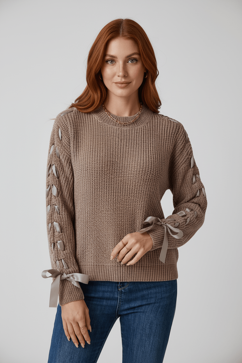 Relaxed Fit Women's Cable Knit Sweater with Tied Sleeves