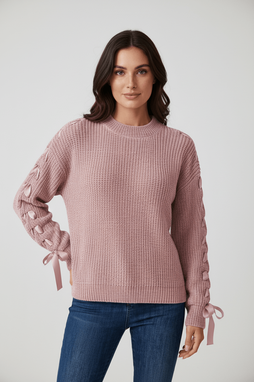 Relaxed Fit Women's Cable Knit Sweater with Tied Sleeves