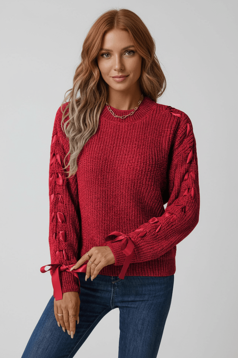 Relaxed Fit Women's Cable Knit Sweater with Tied Sleeves - OutfitLondon