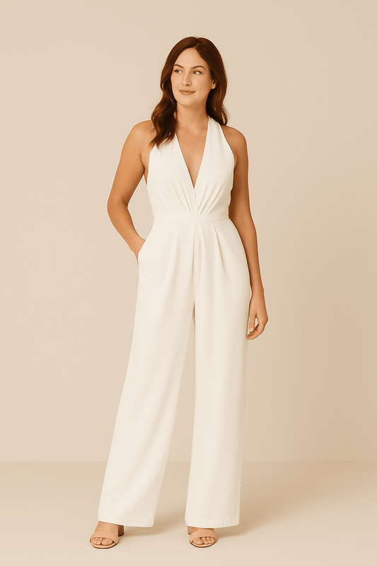 Women's Sleeveless Jumpsuit Deep V-Neck Wide Leg Elegant Fit - OutfitLondon