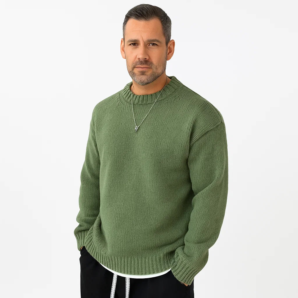 Men's Large Chunky Cable Knit Crew Sweater - OutfitLondon