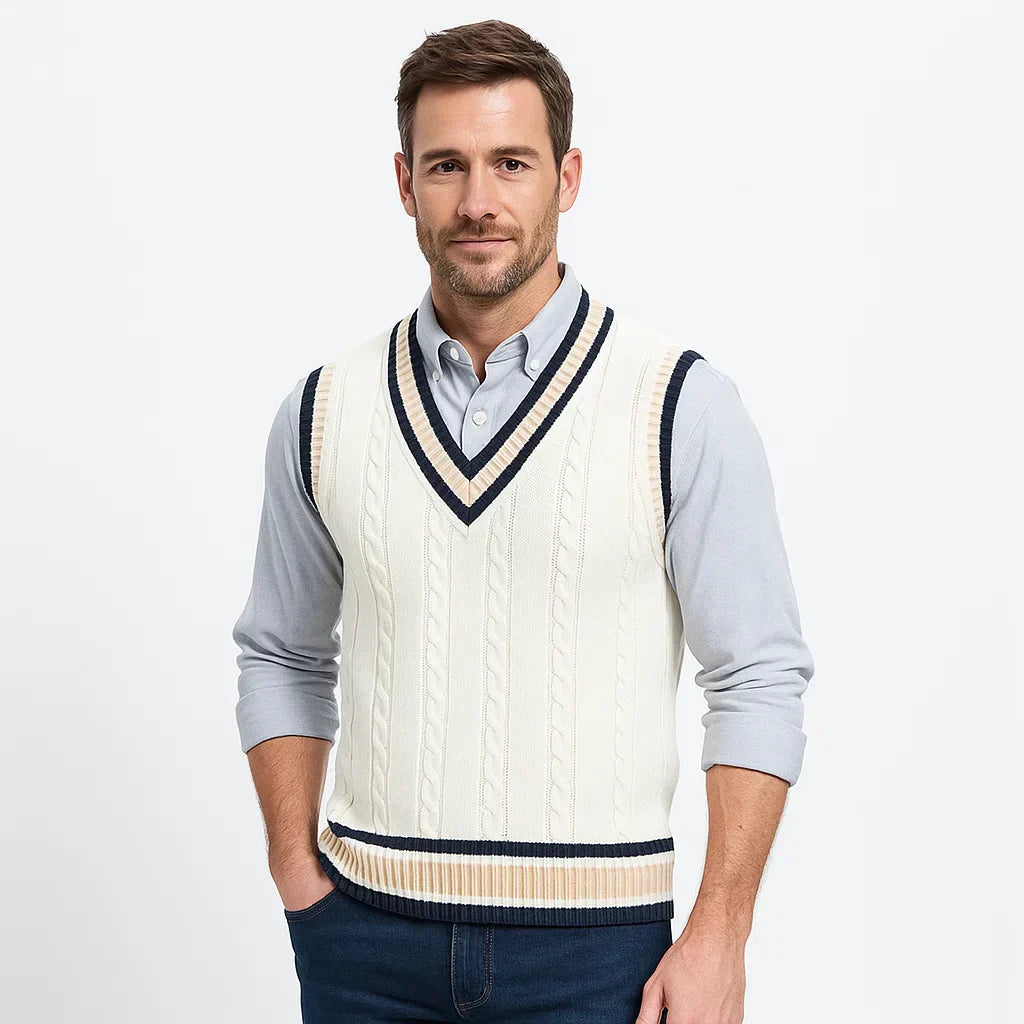 Men's Knit Striped V Neck Sweater Vest - OutfitLondon