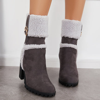 Fur Lined Ankle Snow Boots Side Zipper Chunky Heel Booties