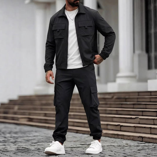 Men's Casual Cotton Blend Tactical Cargo Jacket and Pants Set