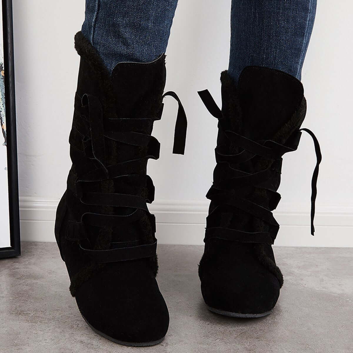 Warm Fur Mid Calf Snow Boots Wide Calf Hidden Wedge Boots