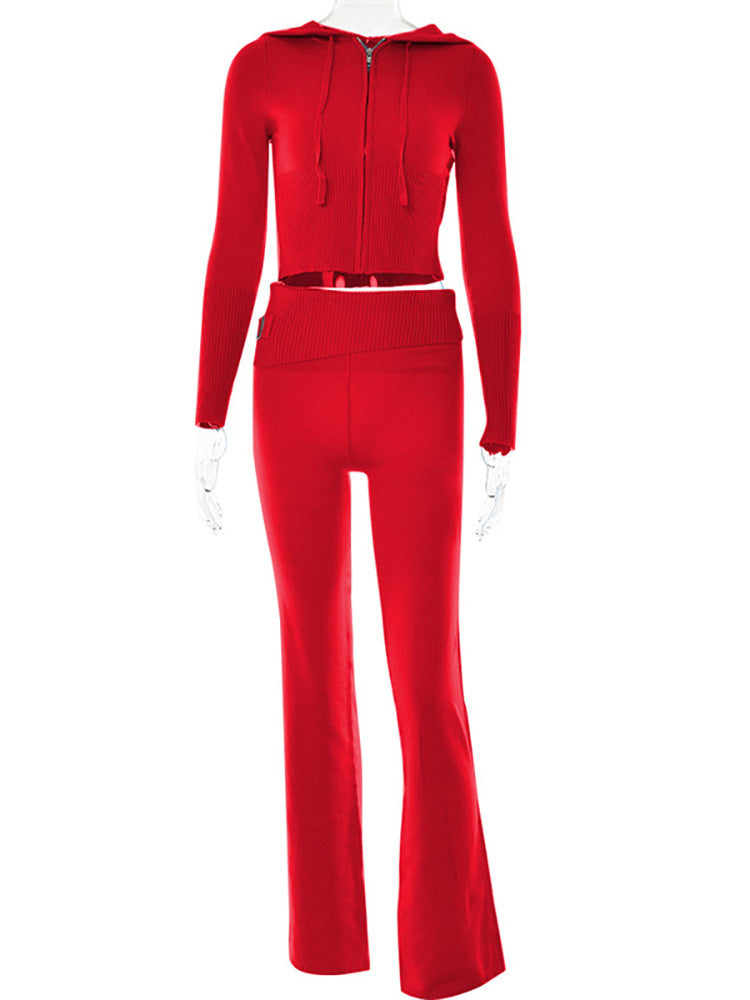 Women's Casual Cotton Zip-Up Hoodie and High Waist Pants Set