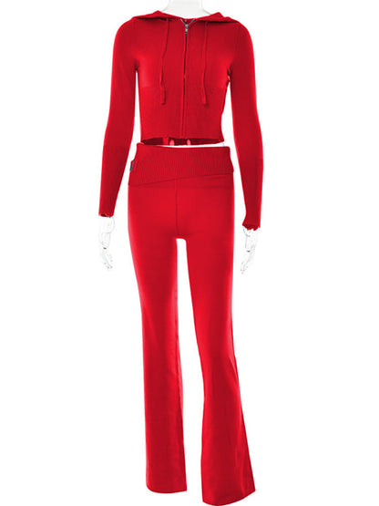 Women's Casual Cotton Zip-Up Hoodie and High Waist Pants Set