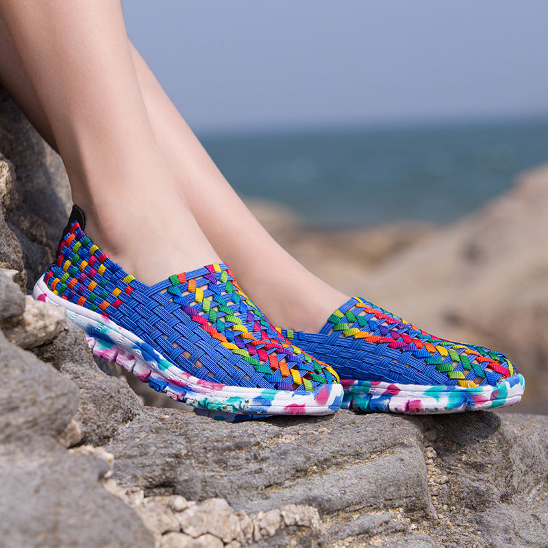 Women Casual Flats Loafers Fantasy Color Mesh Hand Woven Shoes