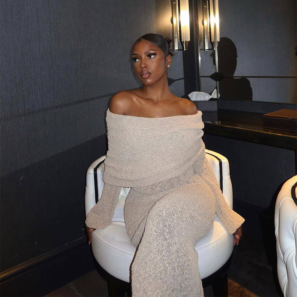 Women's Elegant Knitted Off-Shoulder Long Sleeve Dress
