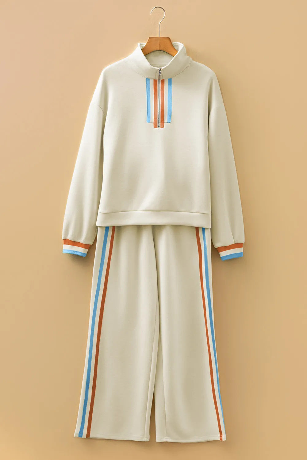 Women's Casual Cotton Blend Striped Quarter Zip Pullover Set
