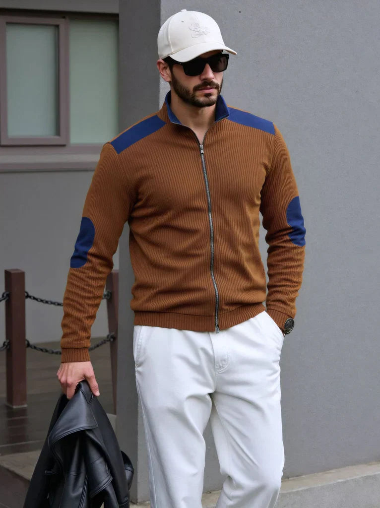 Classic Mens Zip Sweater with Patches