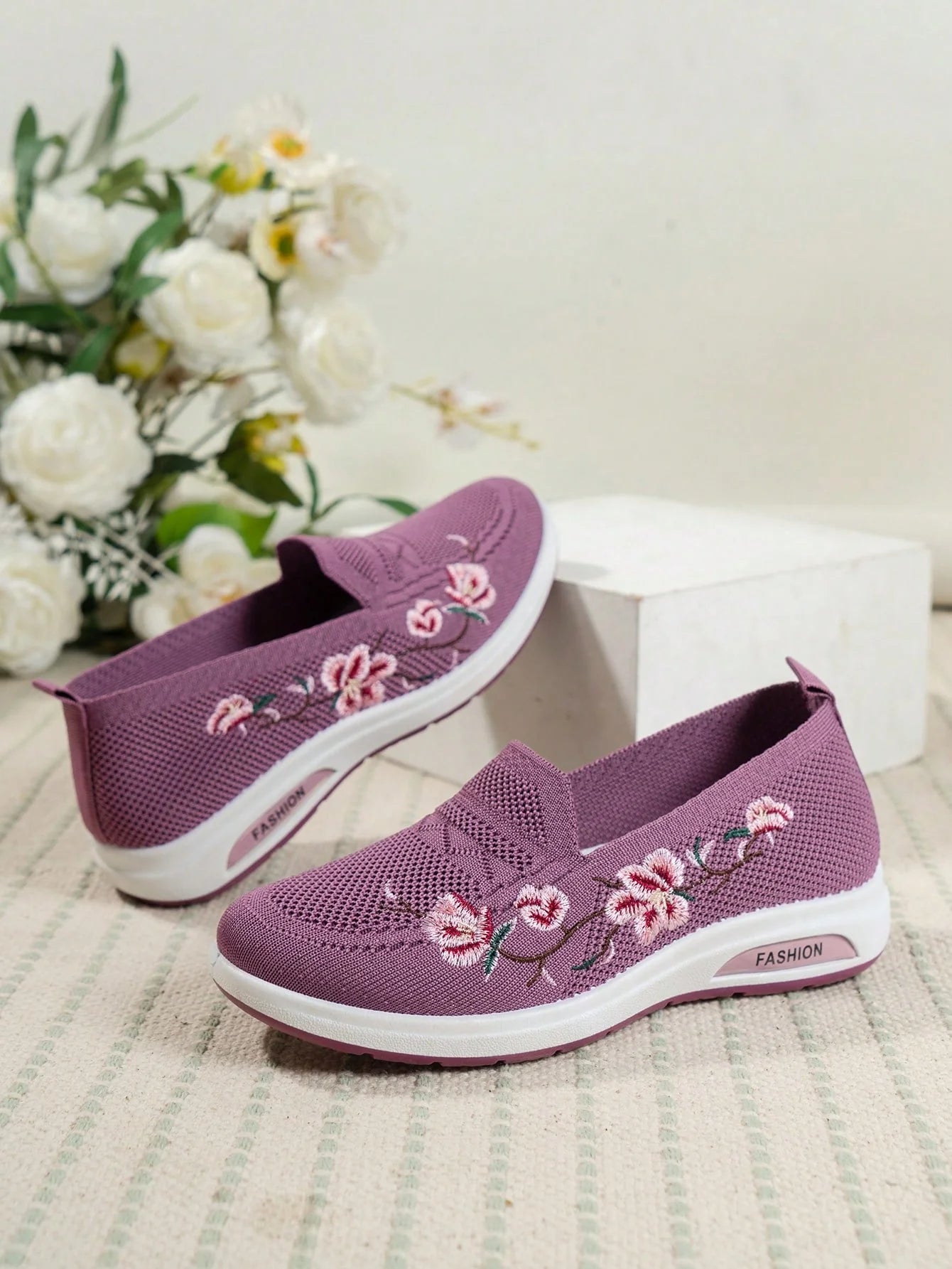 Sporty Sneakers For Women, Floral Embroidered Slip On Rocking Shoes