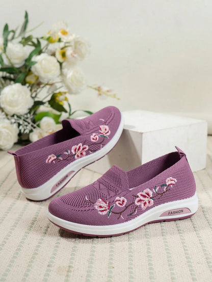 Sporty Sneakers For Women, Floral Embroidered Slip On Rocking Shoes