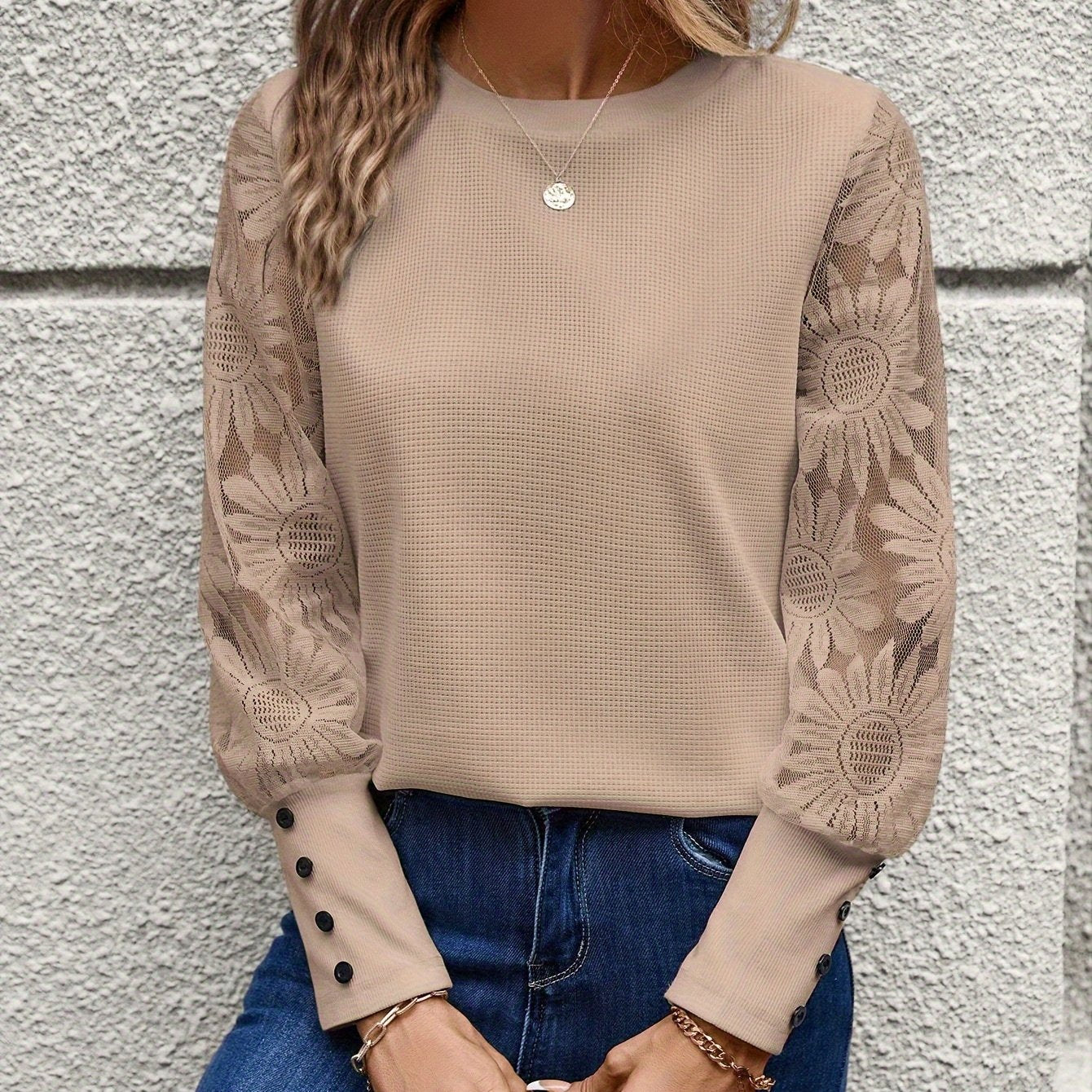 Women's Classic Floral Lace Top - Feminine Round Neck Tee