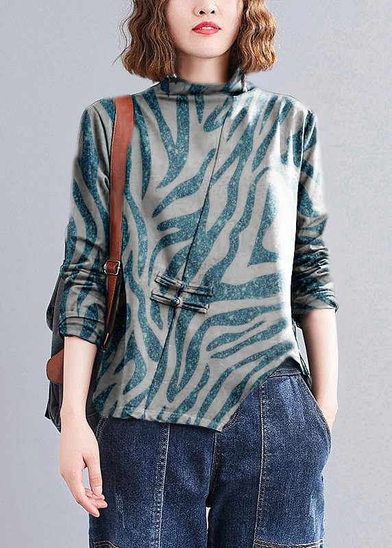 Women's Mandarin Collar Cotton Blouse Blue Size L-XL - OutfitLondon