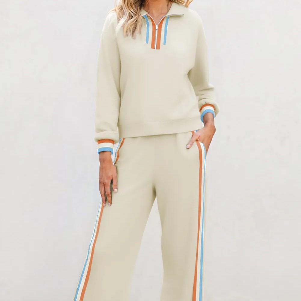 Women's Casual Cotton Blend Striped Quarter Zip Pullover Set