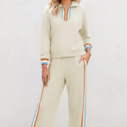 Women's Casual Cotton Blend Striped Quarter Zip Pullover Set