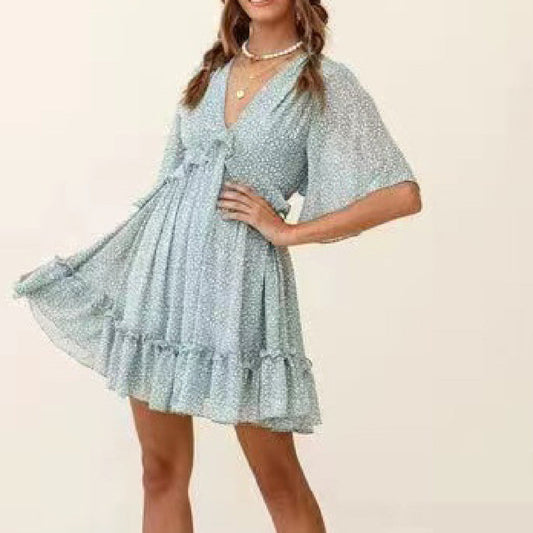 Women's Bohemian V-Neck Ruffle Mini Dress