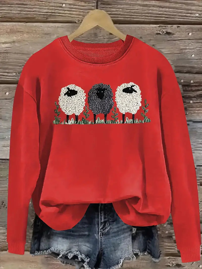 Soft Women's Crew Neck Sheep Pattern Sweater