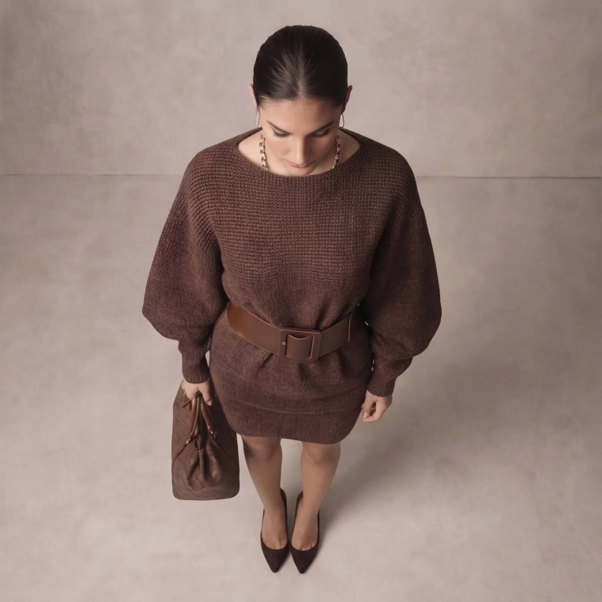 Women's Elegant Knit Belted Waist Mini Dress