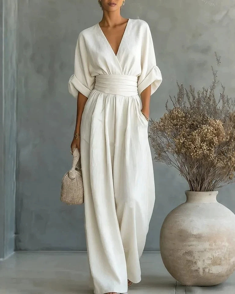 Women's Casual V-Neck Wide Leg Cotton Jumpsuit