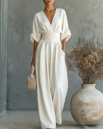 Women's Casual V-Neck Wide Leg Cotton Jumpsuit
