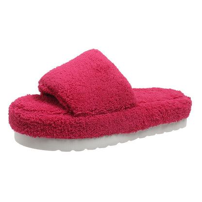 Open Toe Faux Fur Flat Slippers Soft Warm Slip on Furry Slippers