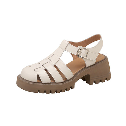 Closed Toe Slingback Mary Jane Shoes Chunky Heel T-Strap Sandals