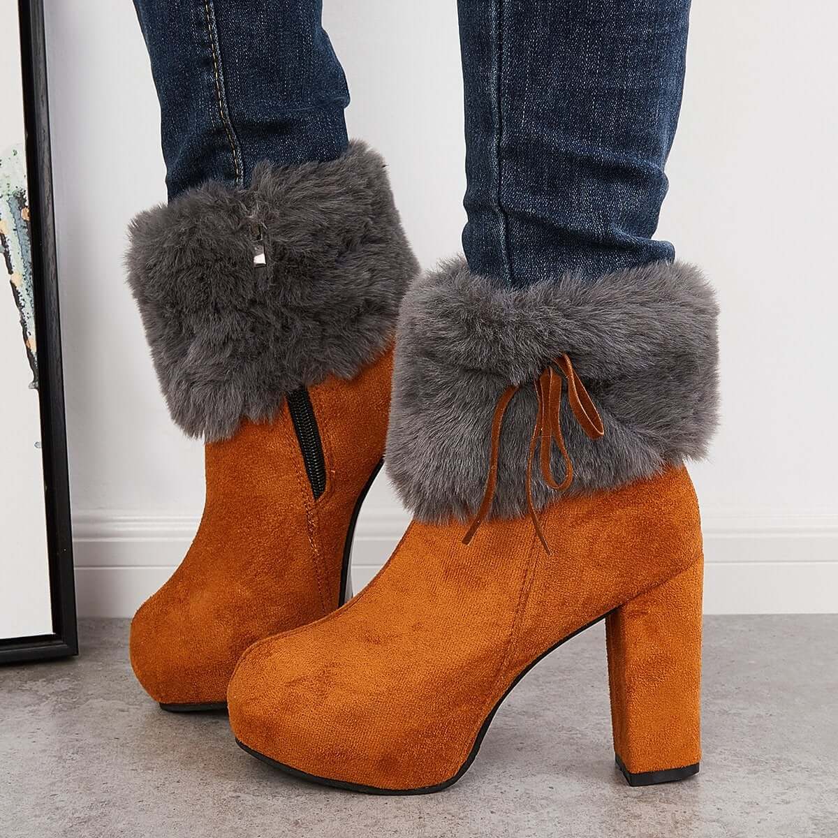 Furry Lined Ankle Snow Boots Platform Chunky High Heel Booties