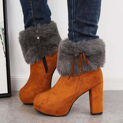 Furry Lined Ankle Snow Boots Platform Chunky High Heel Booties