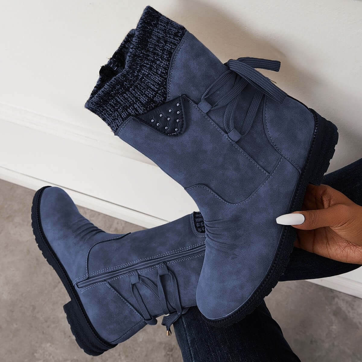 Waterproof Suede Block Heel Ankle Boots Side Zipper Booties