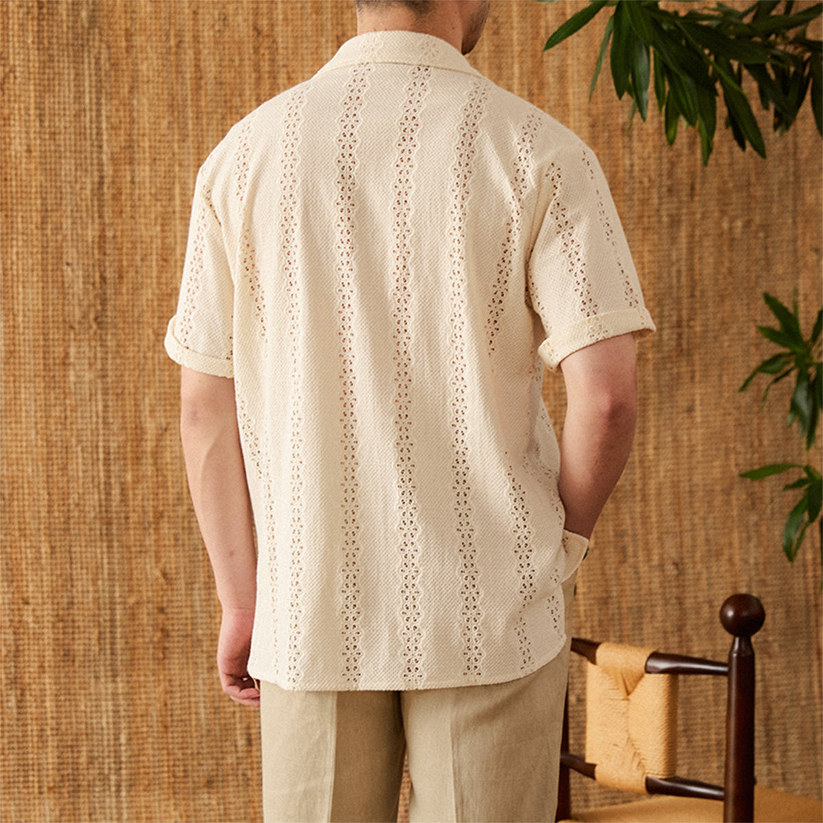 Men's Casual Cotton Short Sleeve Cuban Collar Shirt Beige