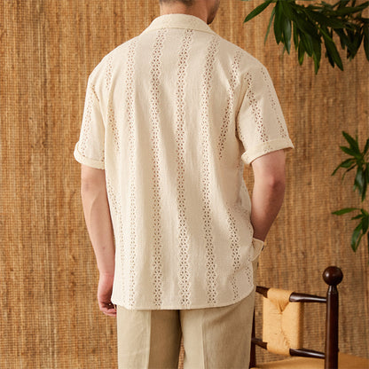 Men's Casual Cotton Short Sleeve Cuban Collar Shirt Beige
