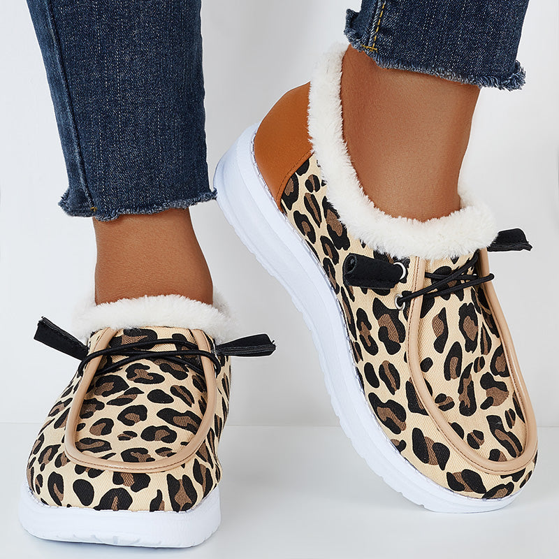 Leopard Winter Warm Flats Plush Faux Fur Lined Non Slip Boots
