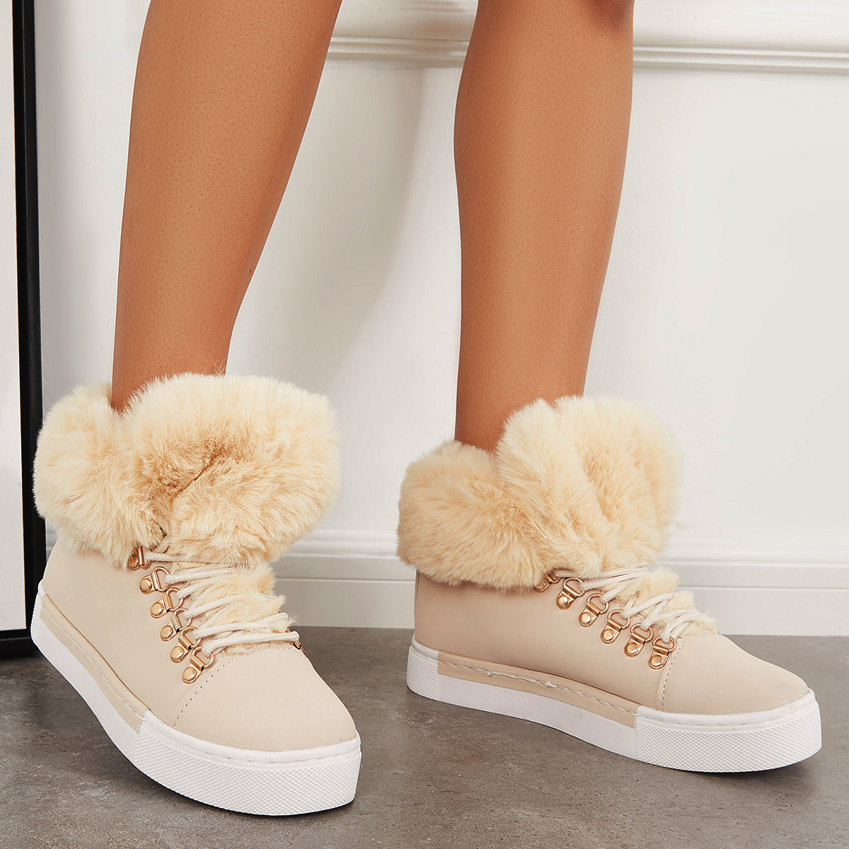Platform Lace Up Warm Fur Lined Sneakers Flat Ankle Boots
