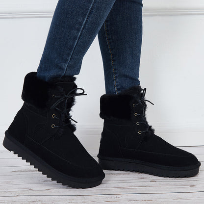 Warm Fur Lined Snow Boots Lace Up Chunky Low Heel Ankle Booties