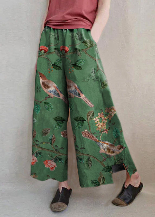 Women's Cotton Linen Wide Leg Pants Elastic Waist Floral Green Plus - OutfitLondon