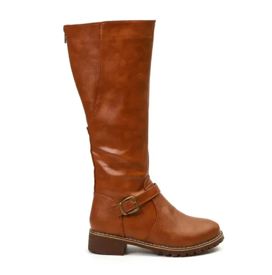 Women's Knee High Boots with Buckle Strap and Low Block Heel