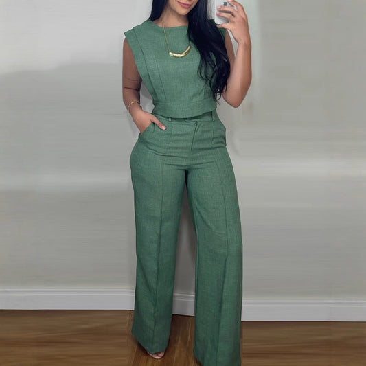 Women's Casual Cotton Sleeveless Top and Straight Pants Set