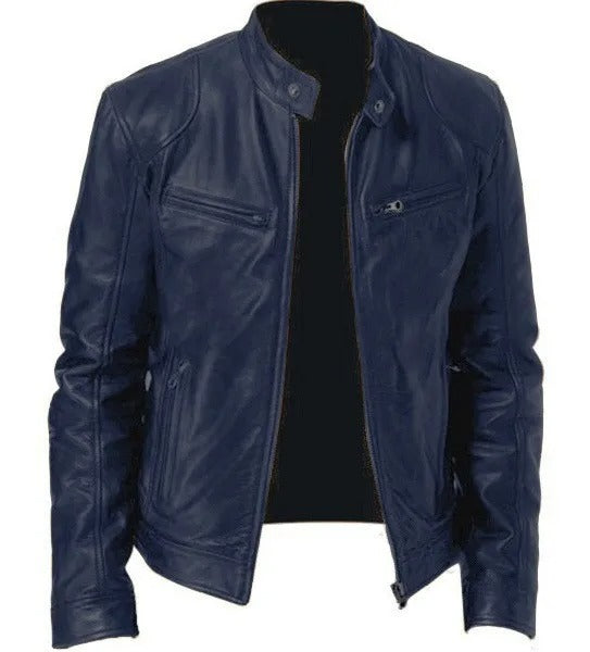 Faux Leather Biker Jacket with Upright Collar