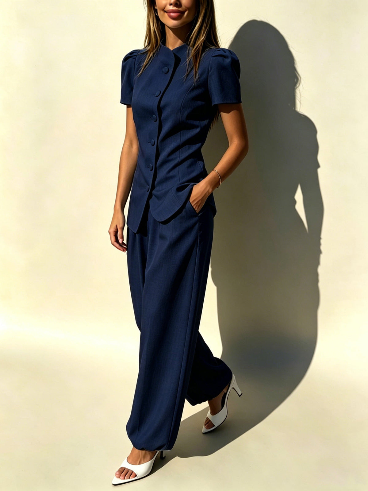 Women's Casual Lightweight Jacket and High-Waisted Trousers Set