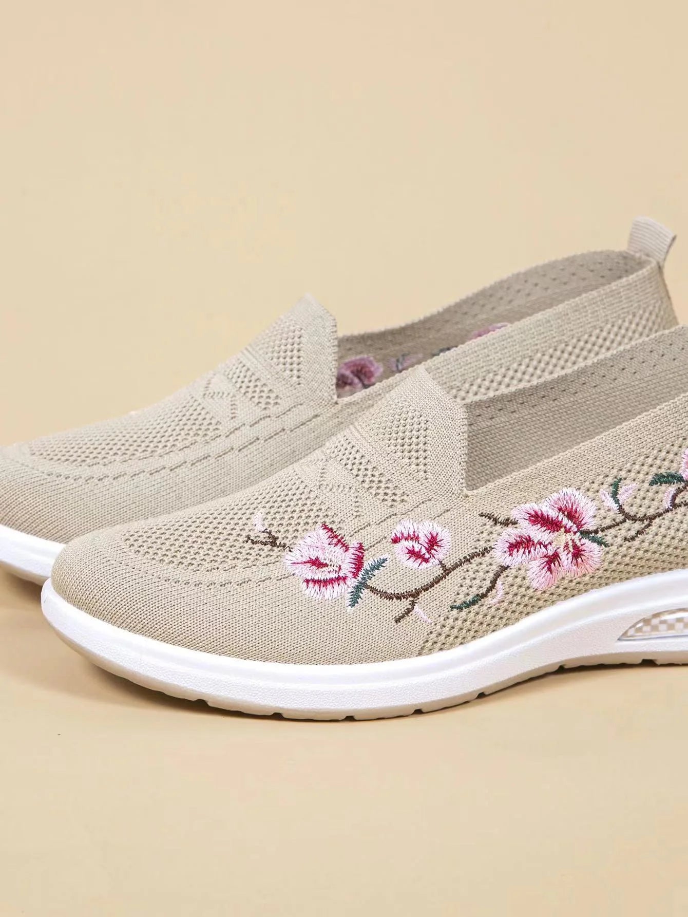 Sporty Sneakers For Women, Floral Embroidered Slip On Rocking Shoes